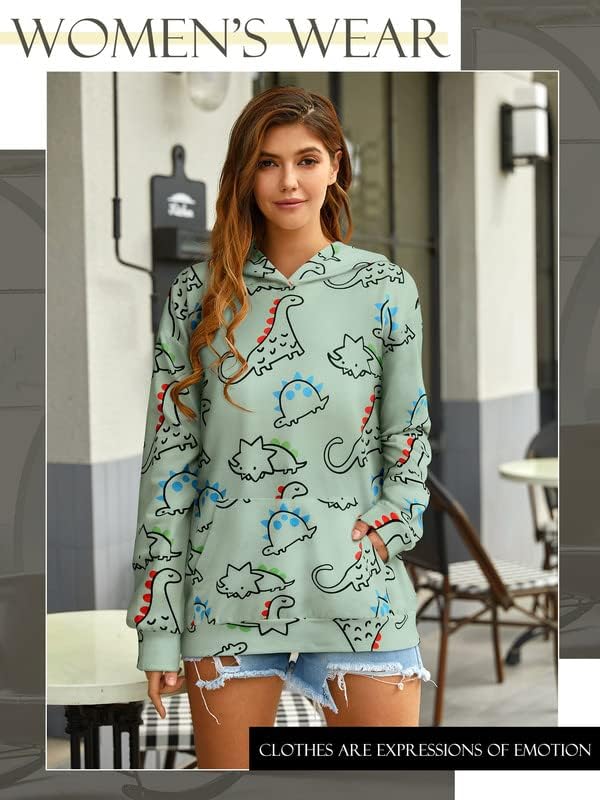 Women Dinosaur Funny Hoodie Sweatshirt Pocket Crewneck Casual Loose Cute Tops Long Sleeve Hoodied Pullover Shirt