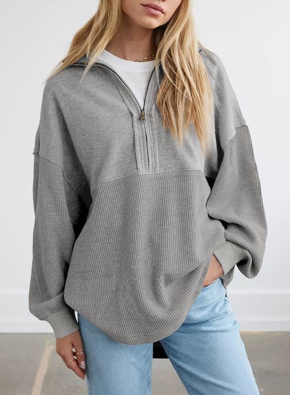 Womens Fall Sweatshirt Casual Waffle Knit Half Zip Pullover Loose Long Sleeve Tops